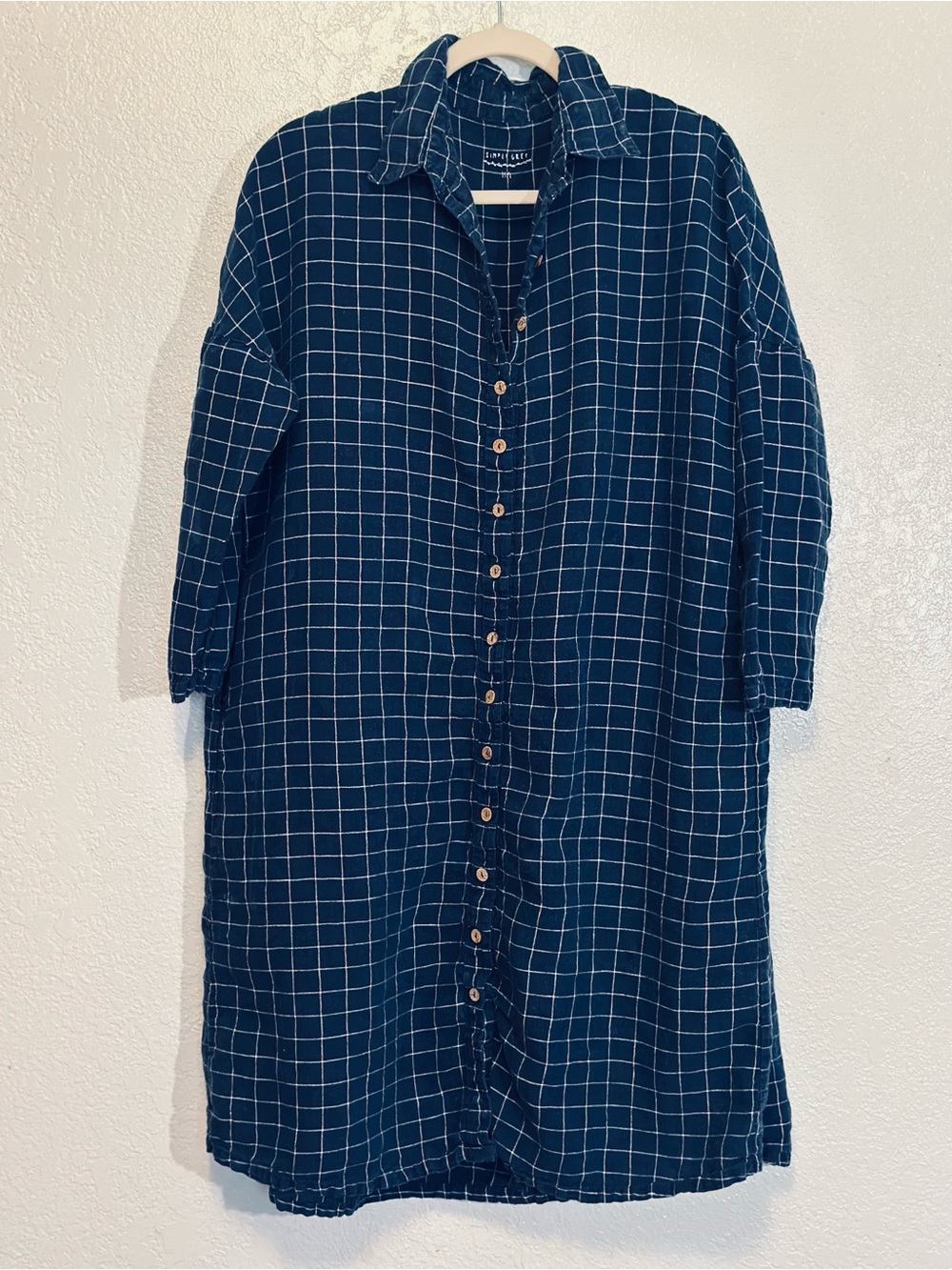 Simply Grey Linen Checked Button-Front Shirt Dress MIDI Oversized Ruched Back L